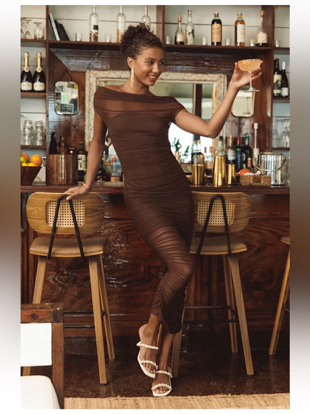 Lulus Sunama Brown Mesh Ruched Bodycon Midi Dress - Size S - Picture 8 of 10